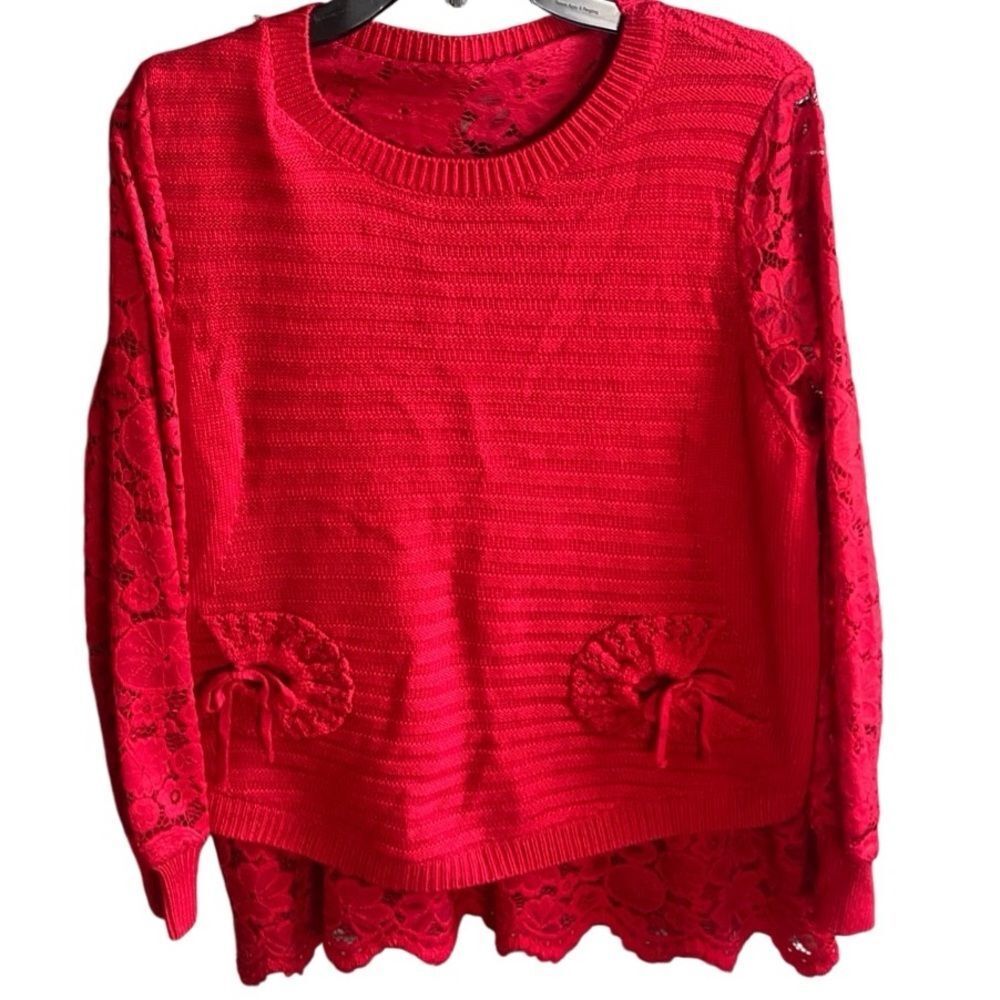 Red Lace Sleeve Sweater with Cute Pockets. Size Medium.